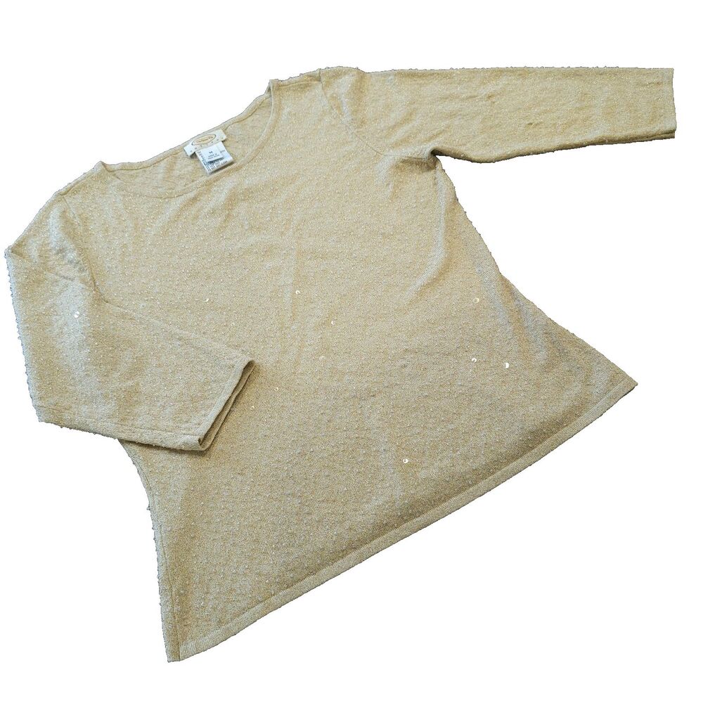 TALBOTS gold metallic knit sweater size m sequin glam holiday chic